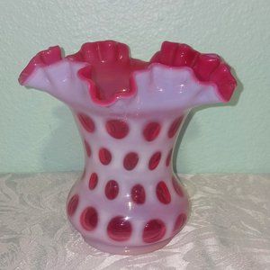 Vintage Fenton Cranberry Opalescent Coin Spot Ruffle Top Vase